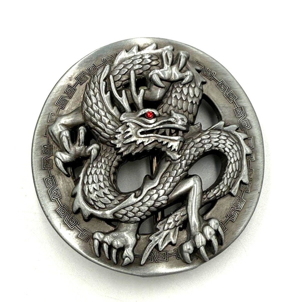 Vintage 2005 SMC LLC Dragon Belt Buckle Red Eye Pewter Tone Round Chinese Style